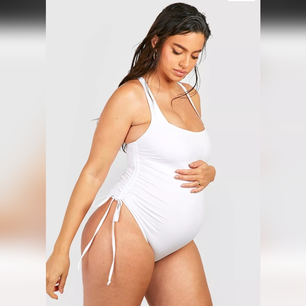 Boohoo White Maternity Ruched Tie Side Swimsuit